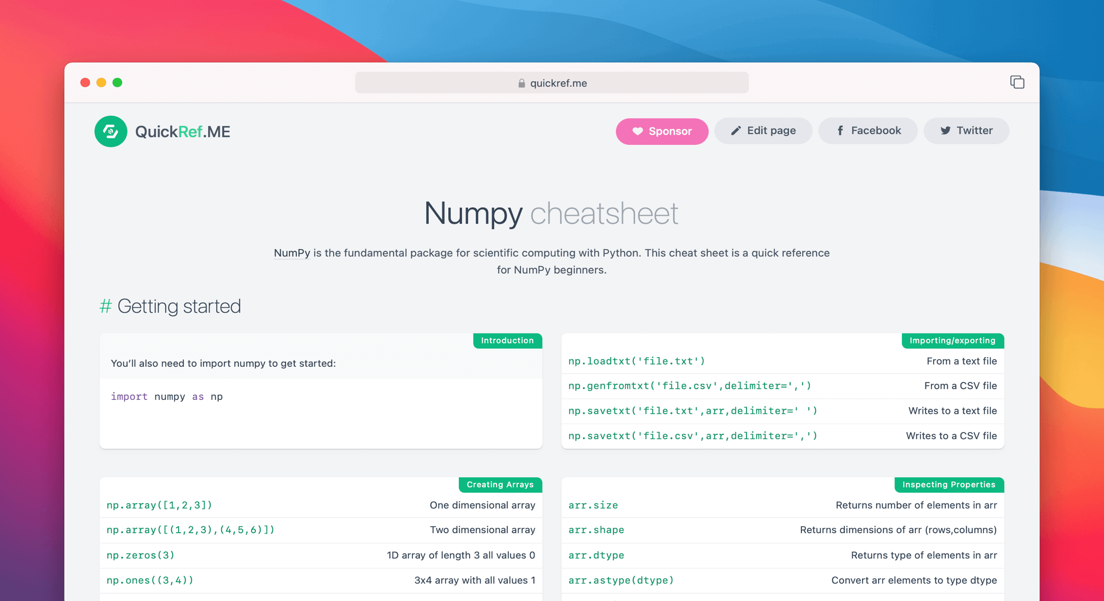 Numpy Cheat Sheet & Quick Reference